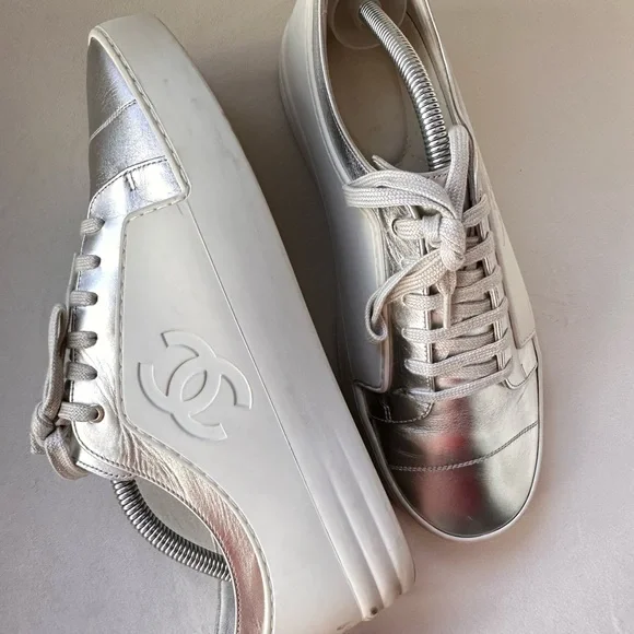 Authentic Chanel CC Sneakers White And Metallic Grey Shoes EuSize 42 US 9
